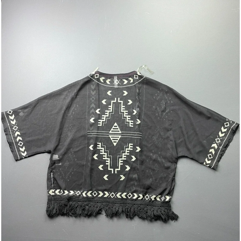 Xhilaration Kimono Cardigan Womens XS Black Fringe Sheer Festival Tribal Kimono